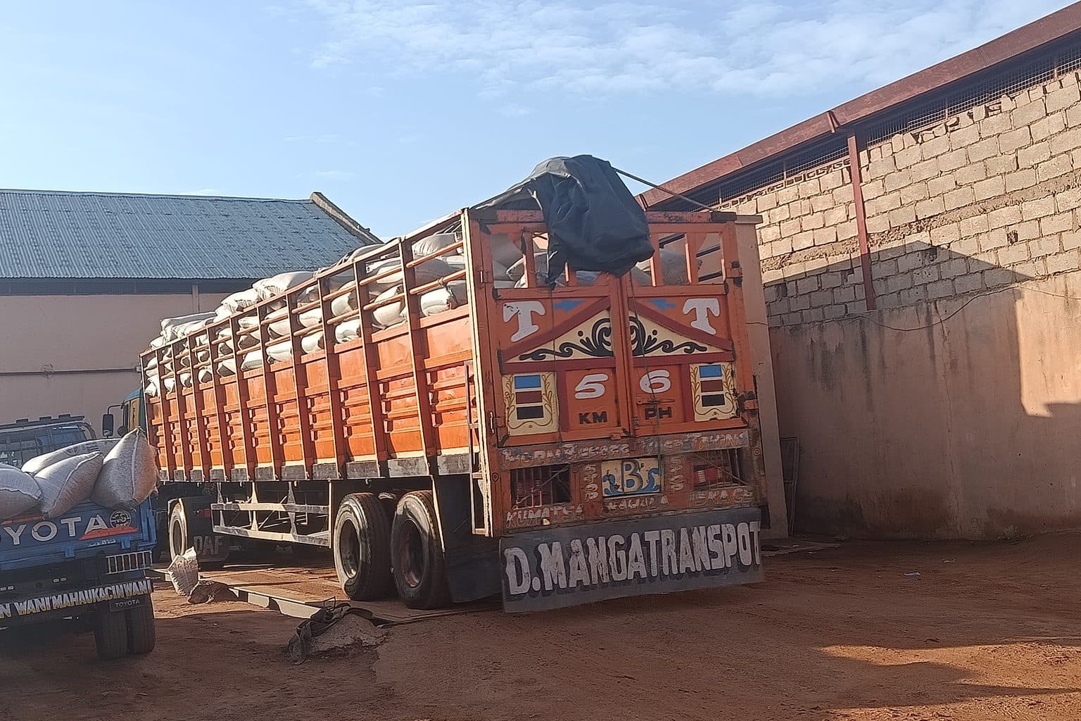 Sacks of grain loaded on a haulage trailer in the yard at Zaria, sheeted and ready to move.